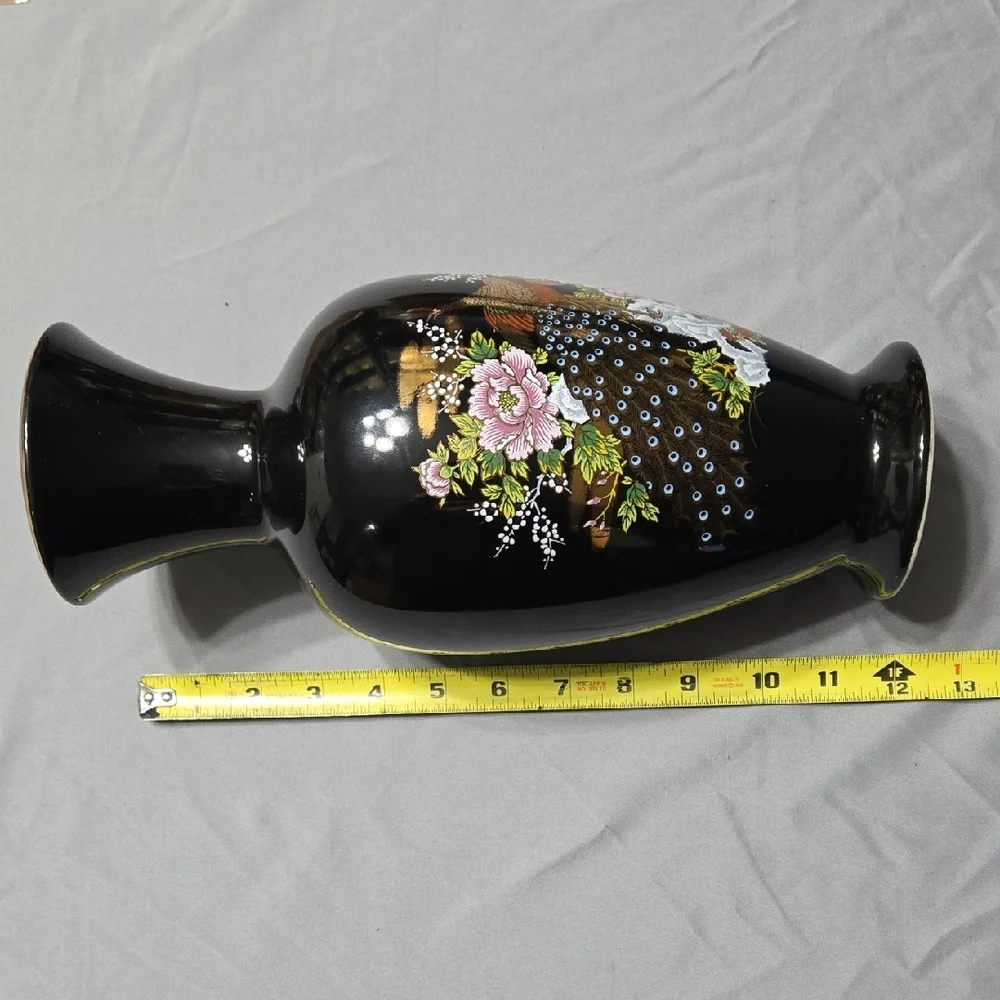 Black Vase with Gold and Pink Floral Design